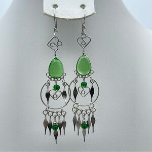 Handcrafted Green Glass Bead Chandelier Earrings Wire Wrapped Boho Dangle 3”